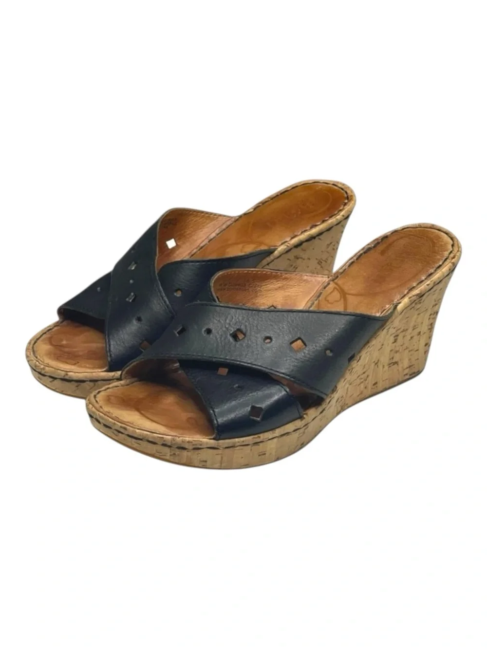 Born® 𖤐 Cross Font Laser Cut Cork Wedge Heel Sandals 𖤐 Black Leather 𖤐 6 36.5